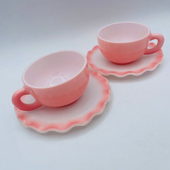 2 Vintage Hazel Atlas Ruffled Saucers Pink Ripple Crinoline Cups Milk Glass - Picture 1 of 12